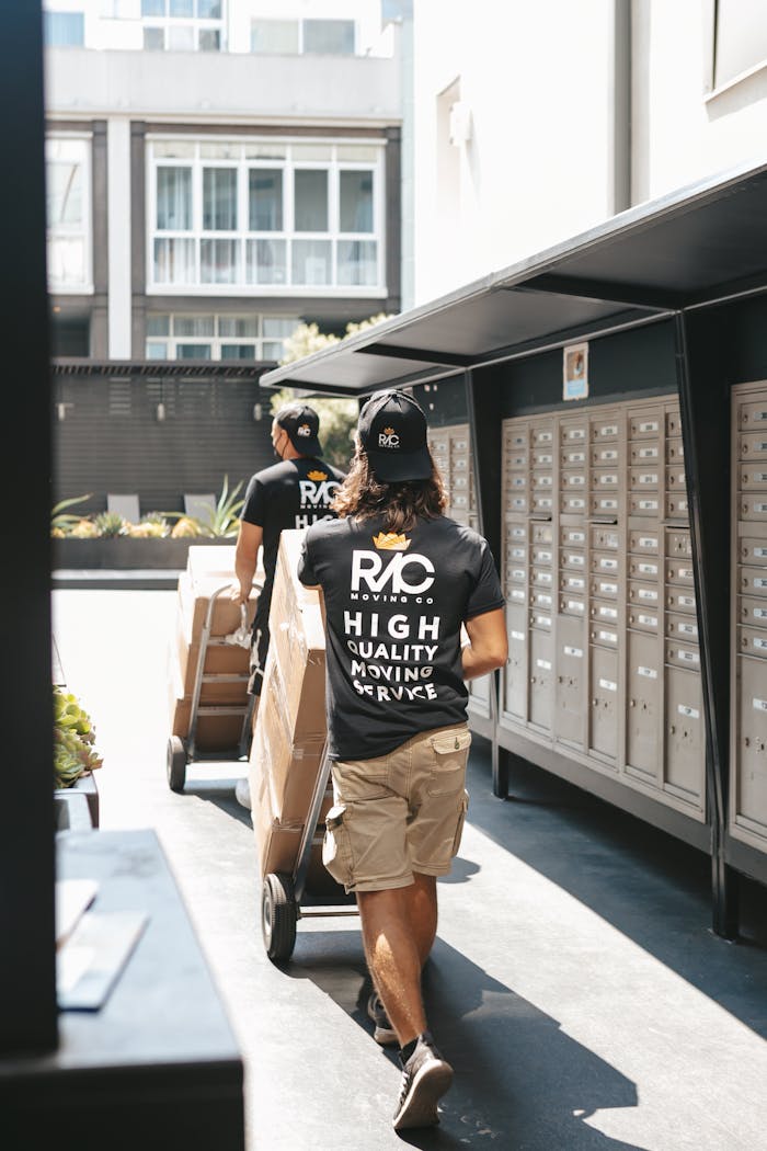 Two movers on city streets with boxes, showcasing urban moving services in daylight.